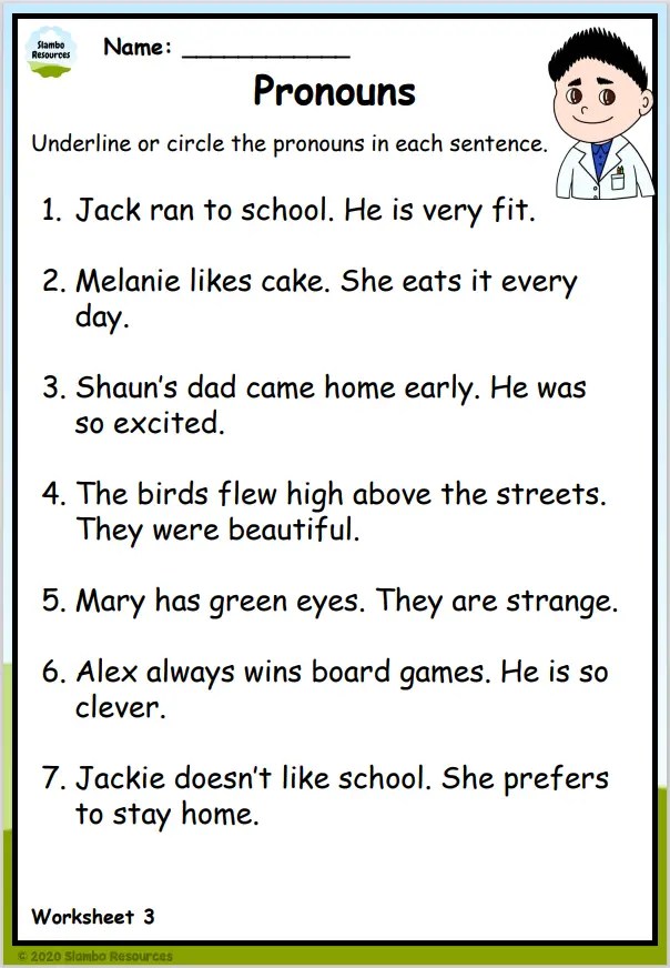 free pronoun worksheet for 2nd grade