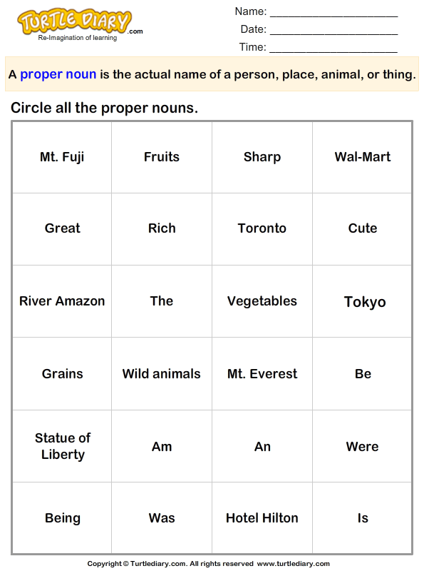 Circle the Proper Nouns | Turtle Diary Worksheet