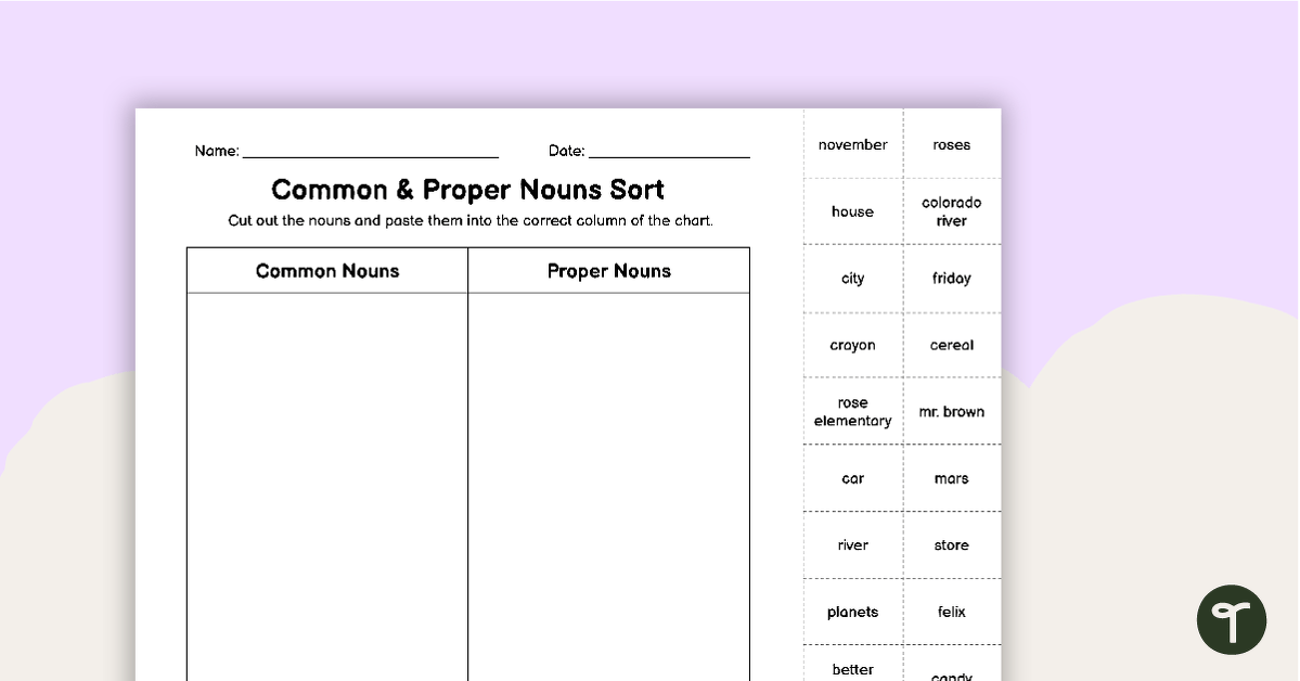 Common and Proper Nouns Sort - Cut and Paste Worksheet | Teach Starter