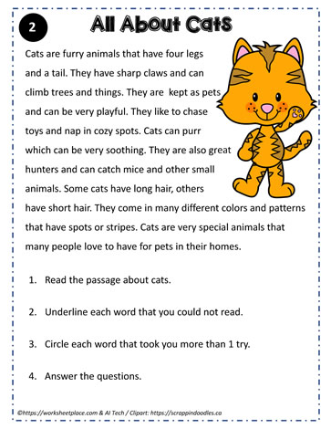 Reading Comprehension About Cats Worksheets