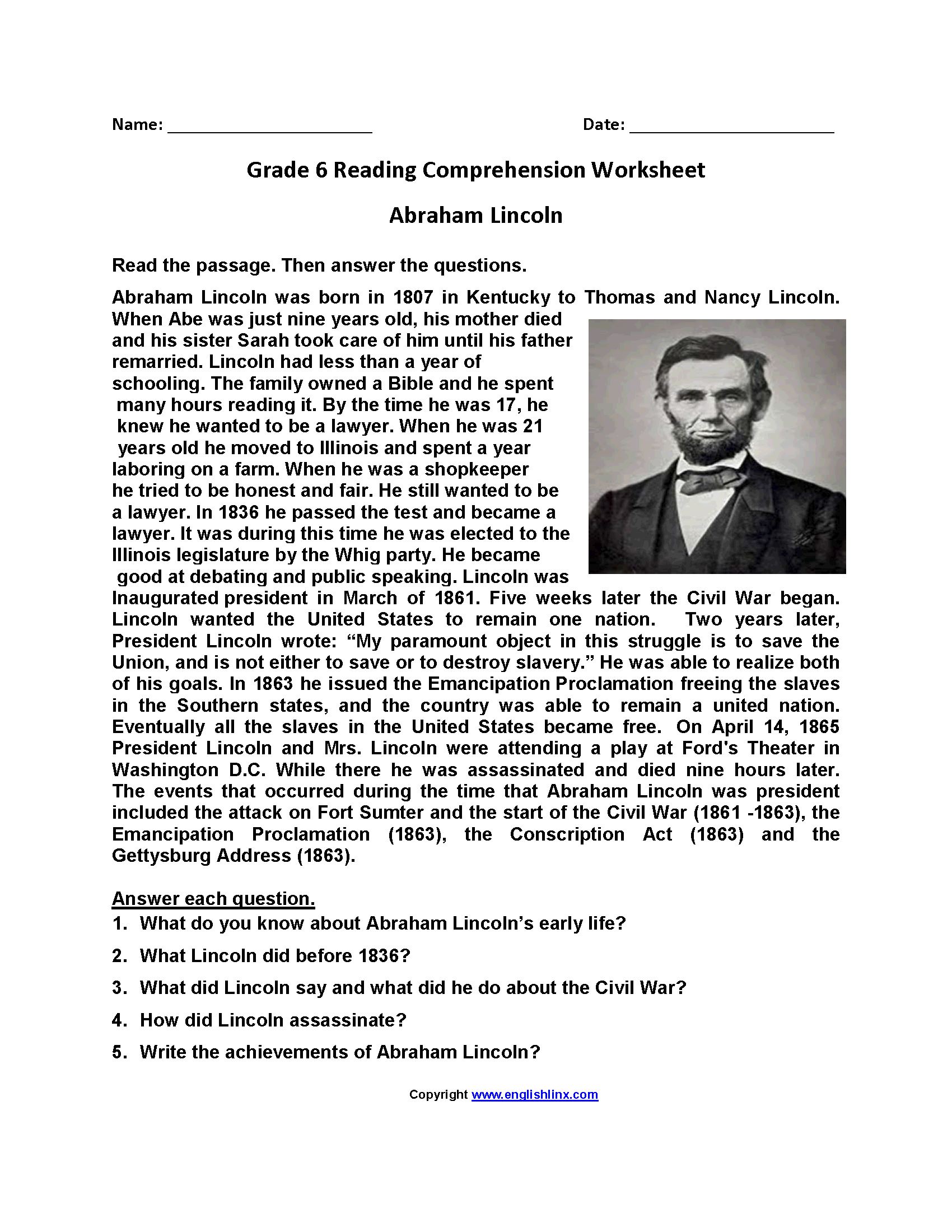 free reading comprehension worksheet grade 6