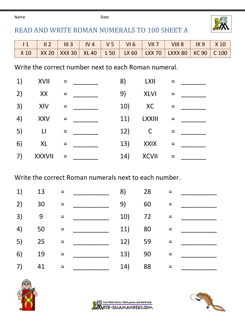 free roman numeral worksheet