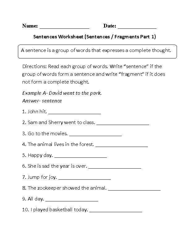 Sentences Worksheets | Simple Sentences Worksheets
