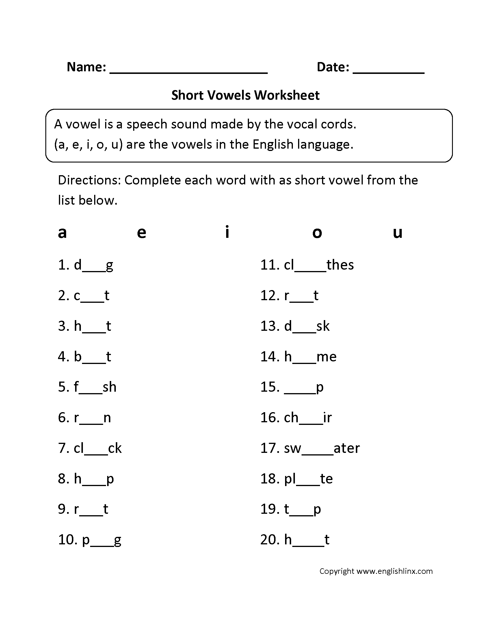 Vowel Worksheets | Short and Long Vowel Worksheets
