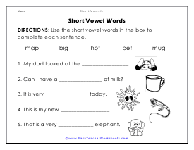 Short Vowel Worksheets