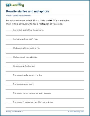Rewrite similes and metaphors worksheets | Worsheets library
