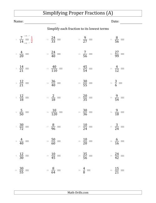 Simplifying Proper Fractions to Lowest Terms (Easier Questions) (A)
