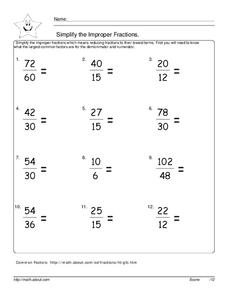 Simplify the Improper Fractions Worksheet for 5th - 6th Grade ...