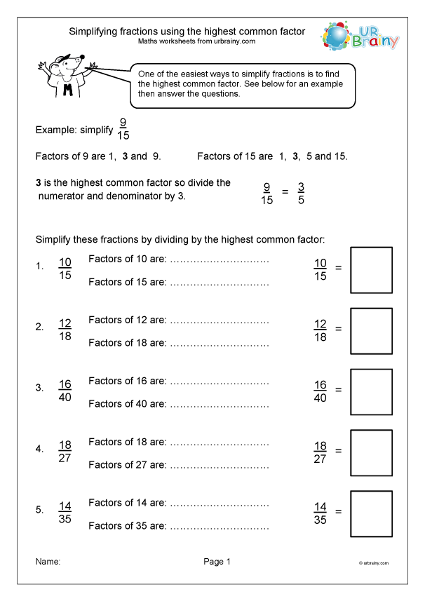 Simplifying fractions: highest common factor - Fraction and ...