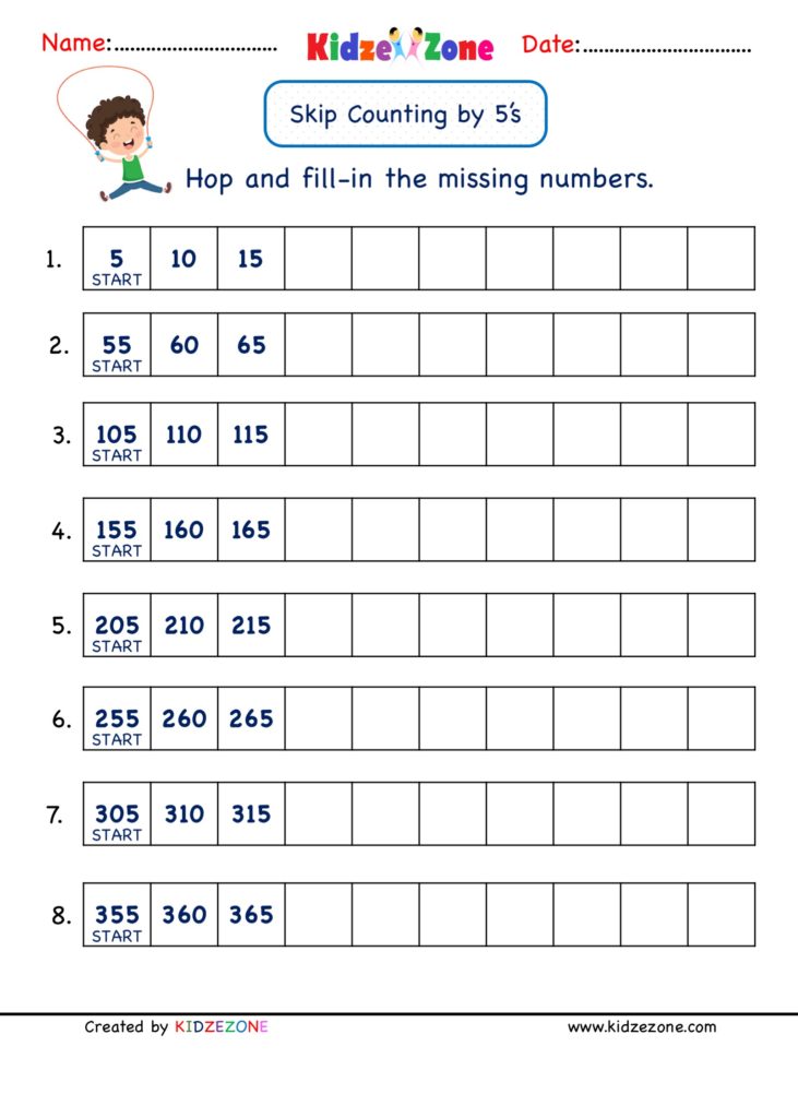 Grade 2 Math Number Practice worksheets - Skip Counting by 5