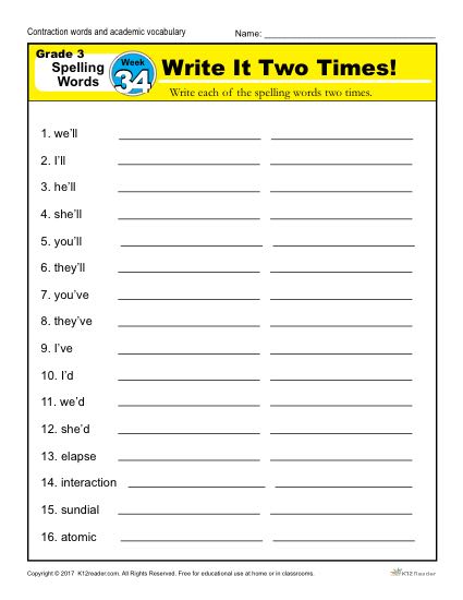 free spelling worksheet for 3rd grade