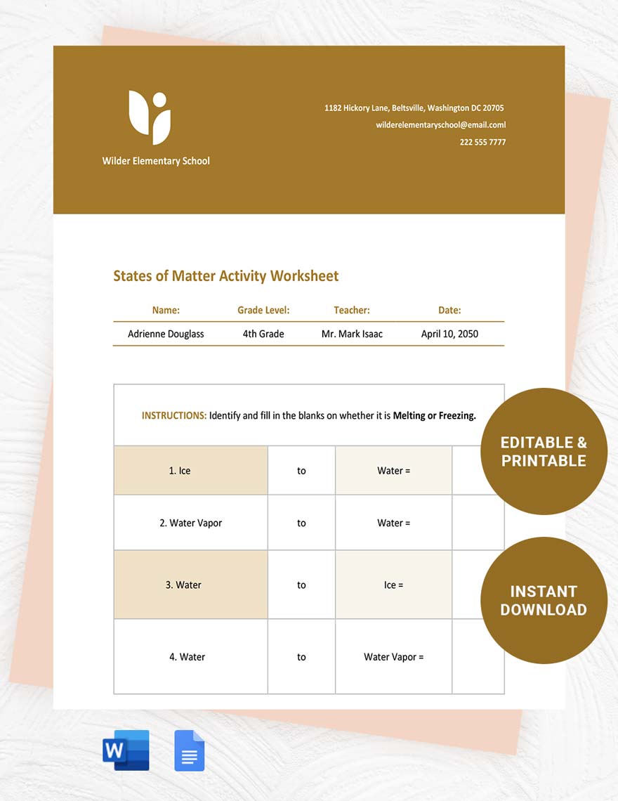 Modern States Of Matter Worksheet in Google Docs, Word - Download ...