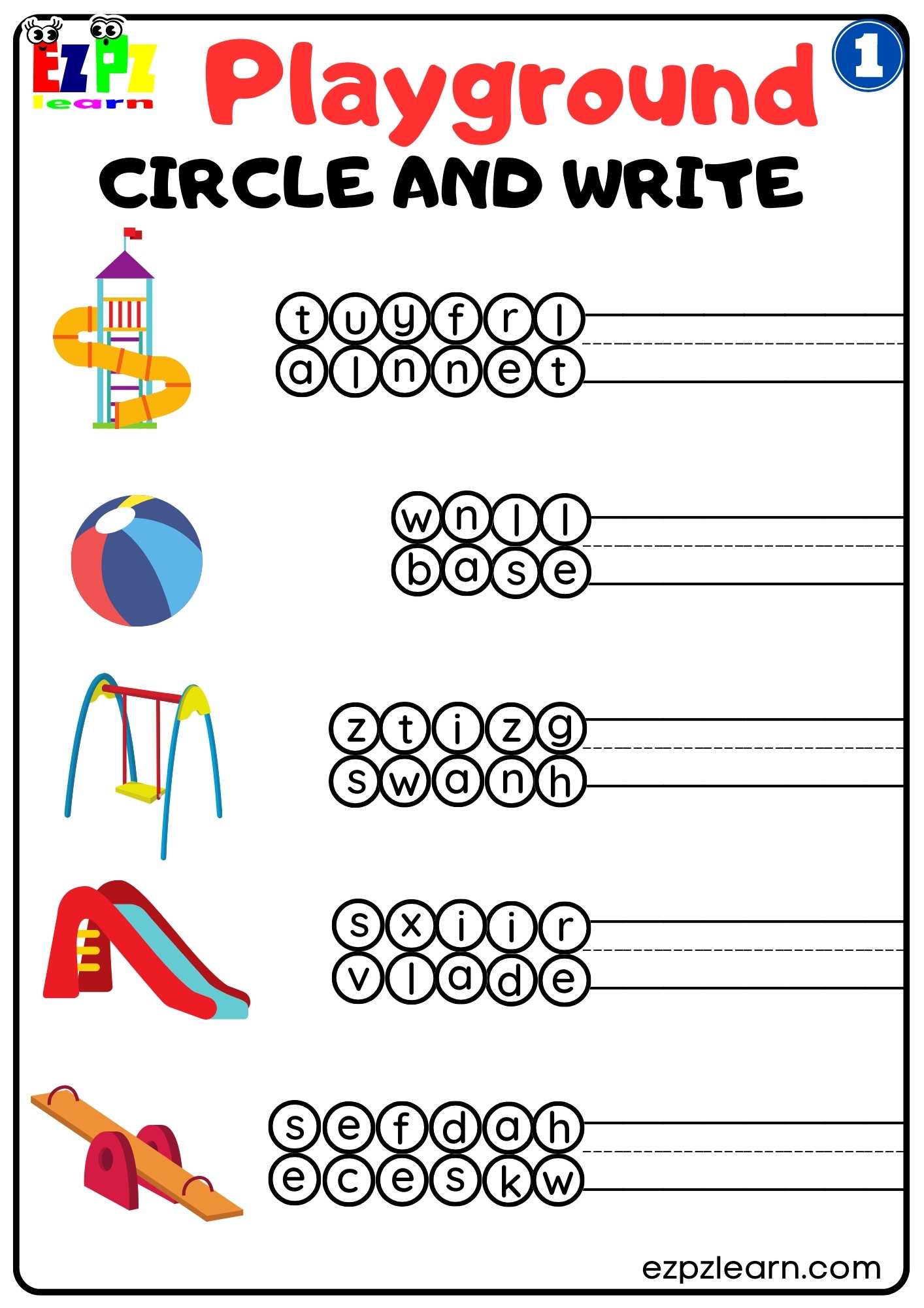 Playground 1 Circle and Write Worksheet for Kindergarten and ESL ...