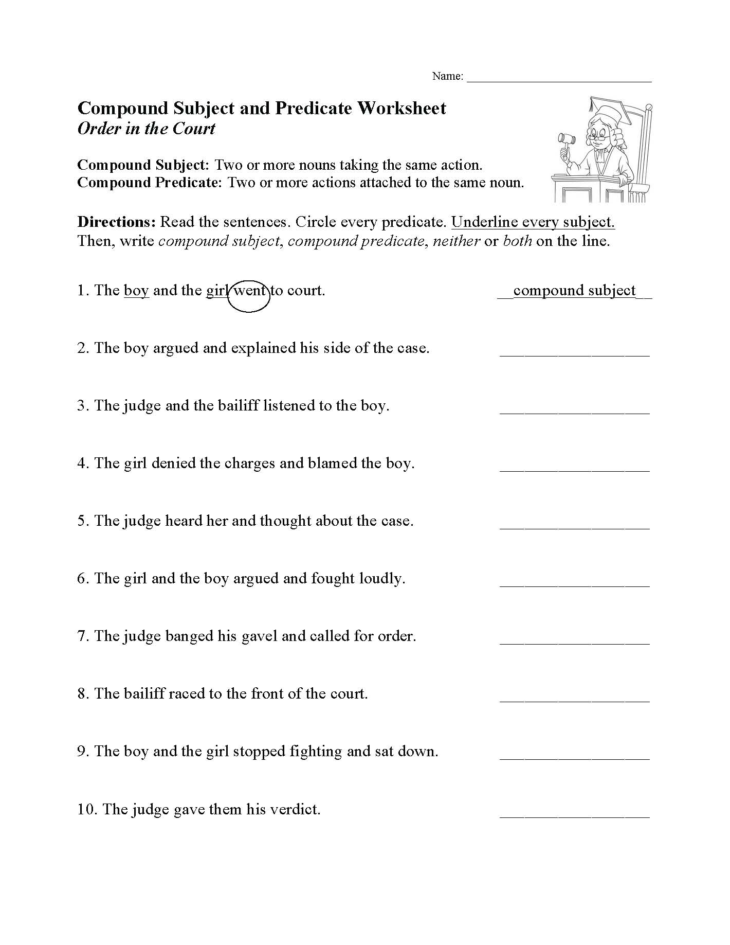 Compound Subject and Predicate Worksheet | Sentence Structure Activity