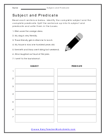 Subject and Predicate Worksheets
