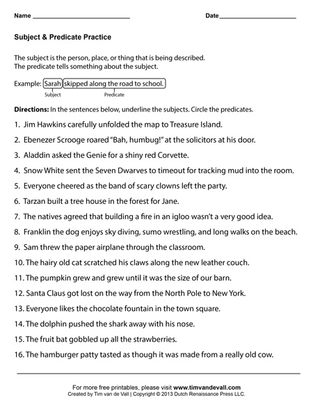 Subject and Predicate Worksheets - First Grade Language Arts ...