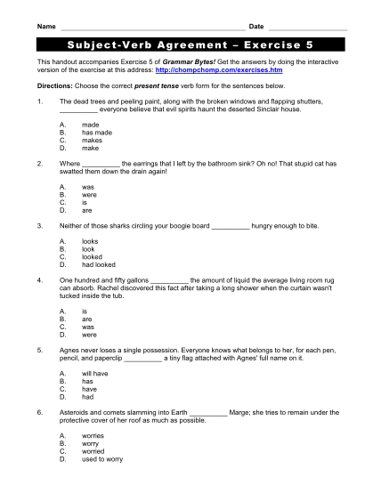 free subject verb agreement worksheet