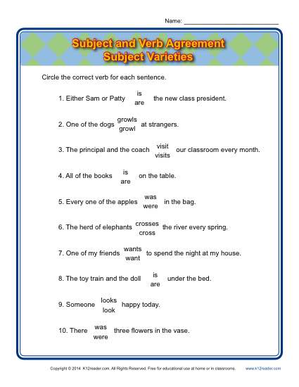 free subject verb agreement worksheet