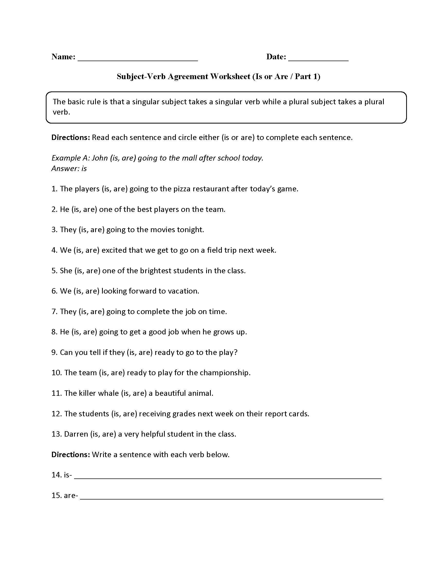 free subject verb agreement worksheet