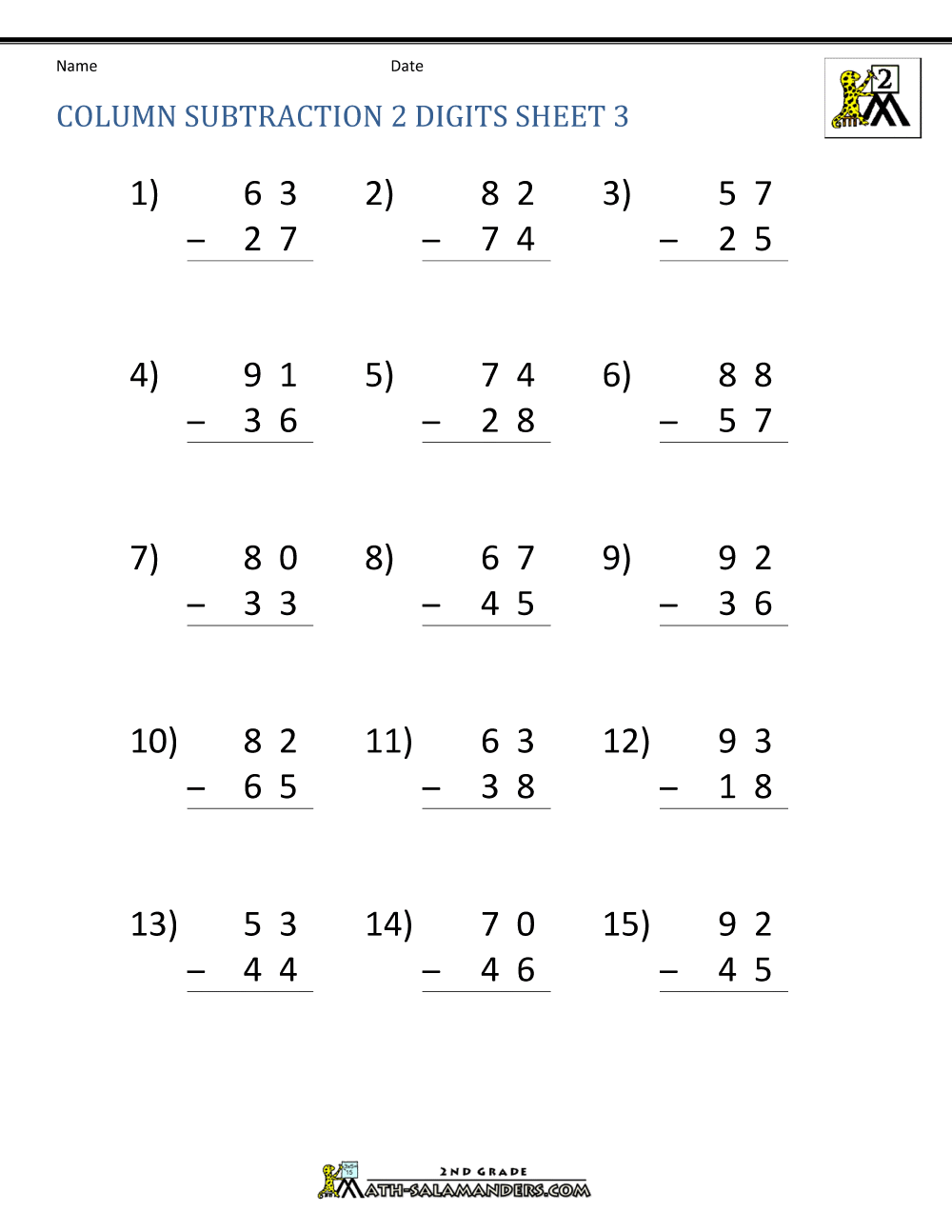 free subtraction worksheet for 2nd grade