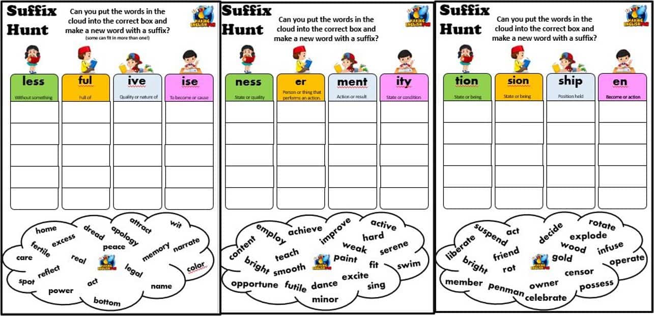 FREE Suffix Worksheets: Set of 3Making English Fun