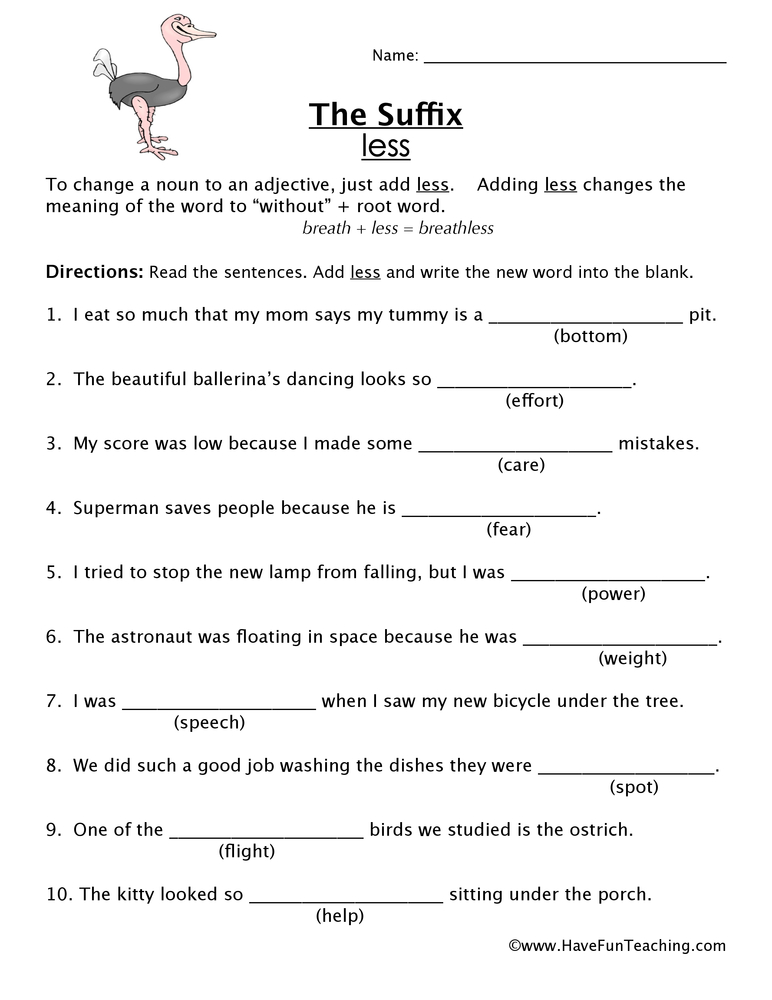 Suffix LESS Worksheet  