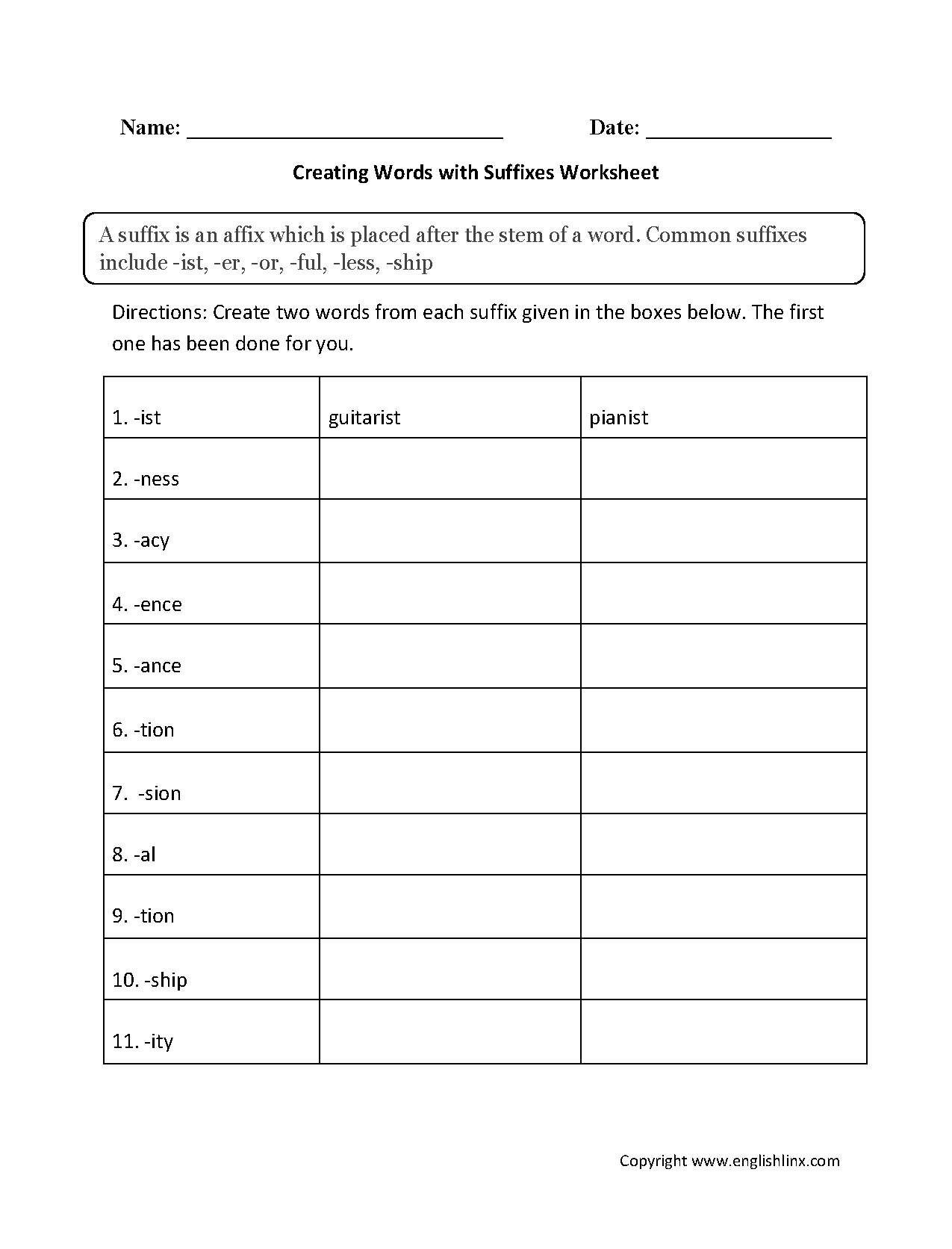 free suffixes worksheet
