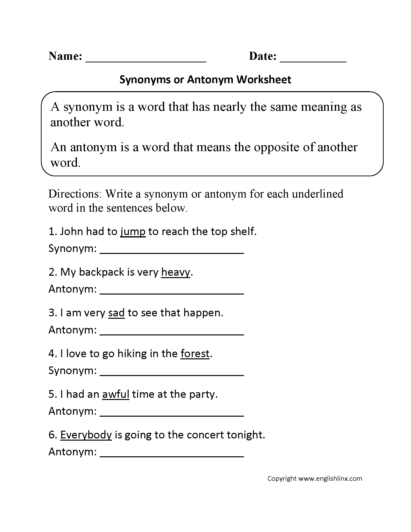 free synonyms and antonyms worksheet