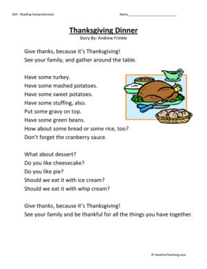 free thanksgiving reading comprehension worksheet
