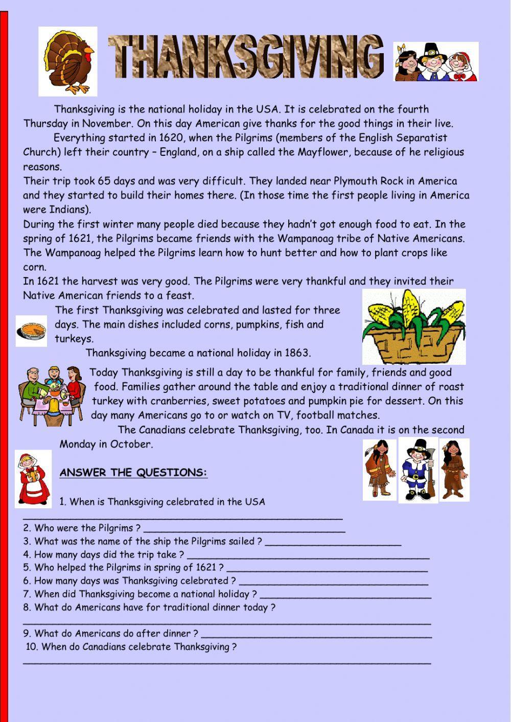 free thanksgiving worksheet for reading comprehension
