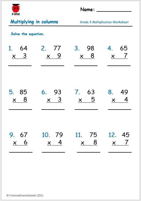 free third grade math worksheet multiplication