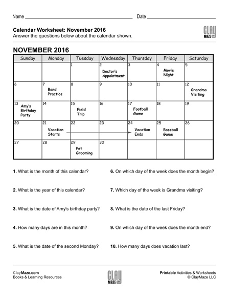 Reading a Calendar Worksheet - A | Homeschool Books, Math ...