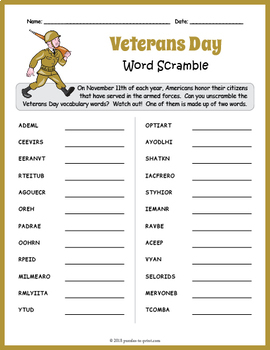 FREE Veterans Day Word Scramble Puzzle Worksheet Activity by ...