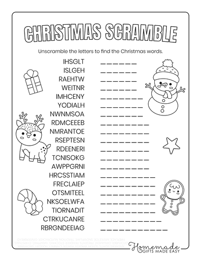 Free Printable Christmas Word Scramble Puzzles for Kids