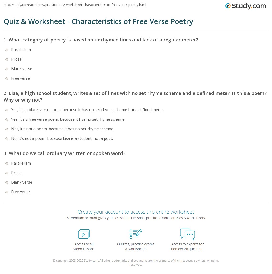 Quiz &  Worksheet - Characteristics of Free Verse Poetry | Study.com