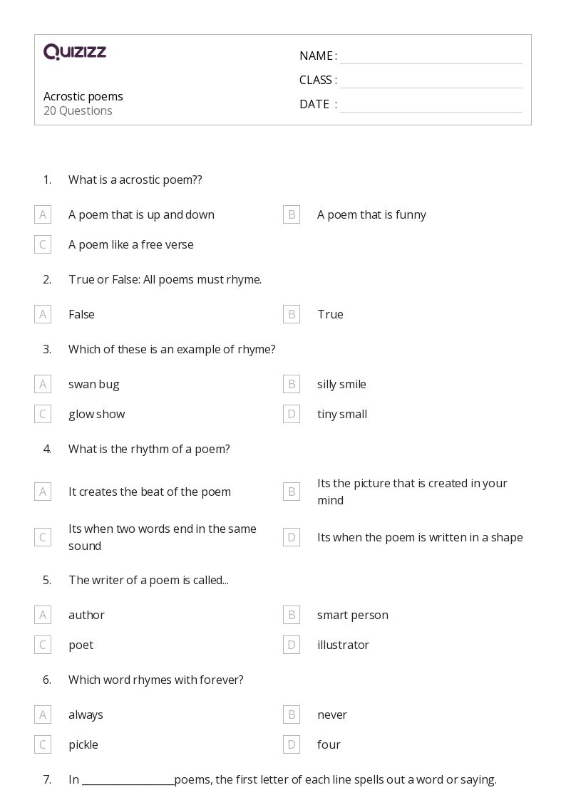 free verse poetry worksheet