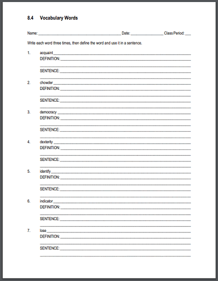 Vocabulary Terms 8.4 Sentences Worksheet | Student Handouts