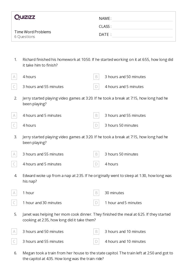 50+ Time Word Problems worksheets for 1st Grade on Quizizz | Free ...