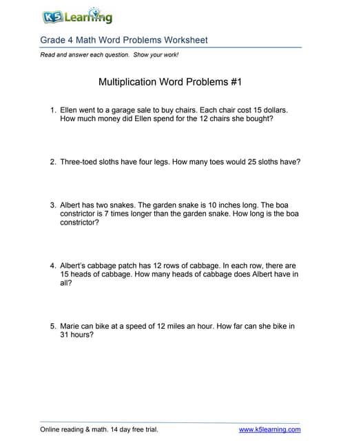 free word problems worksheet