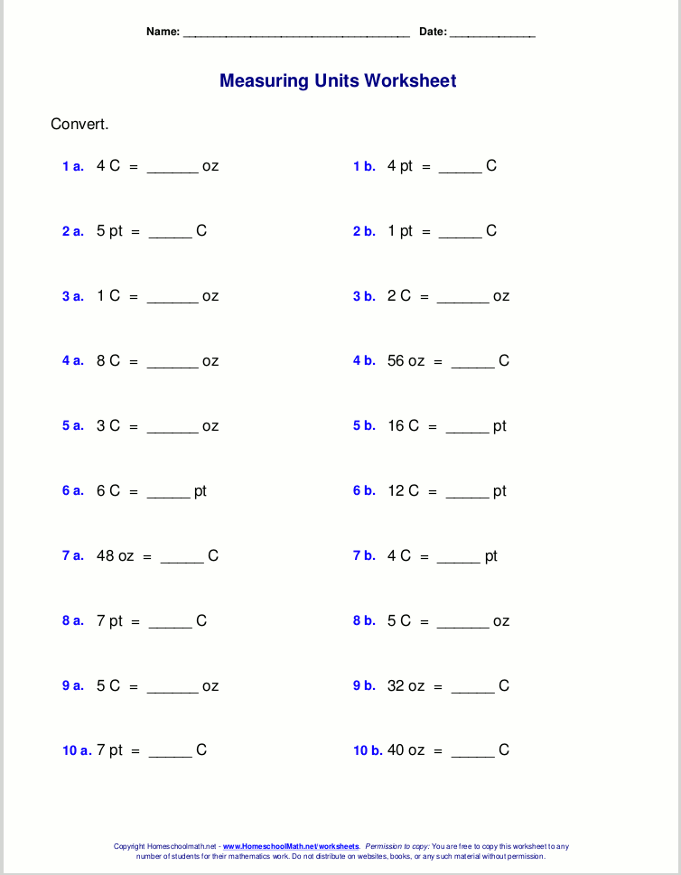 Free grade 5 measuring worksheets
