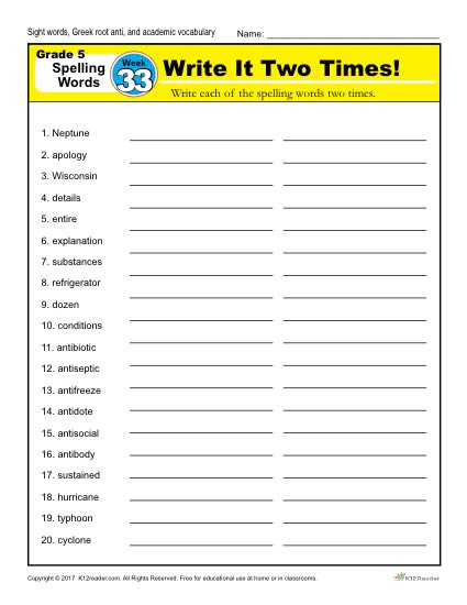 Fifth Grade Spelling Words List - Week 33 | K12Reader