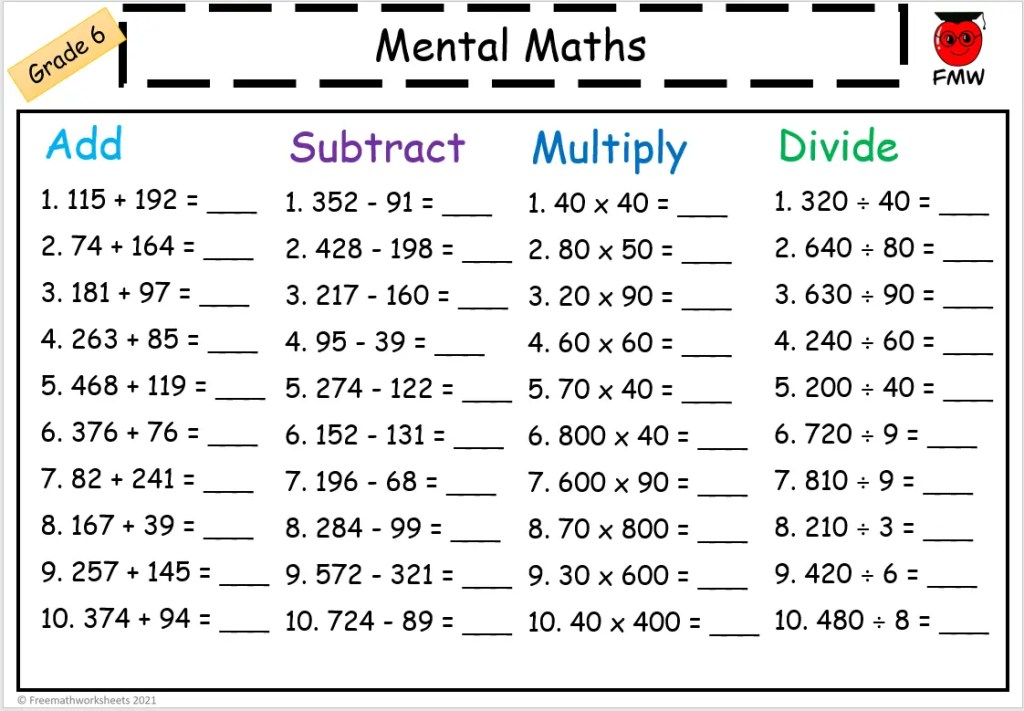 Grade 6 Mental Maths Worksheets | Free Printables | Math Worksheets