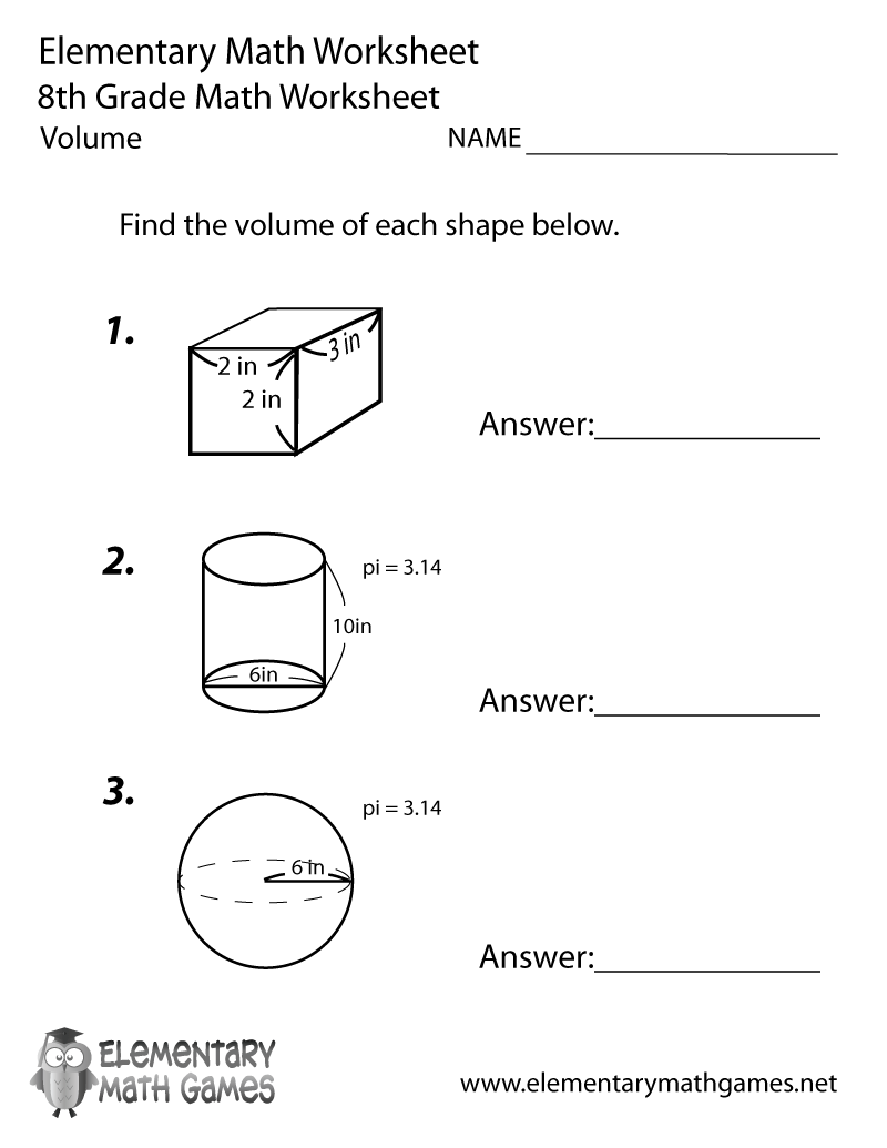 Free Printable Volume Worksheet for Eighth Grade