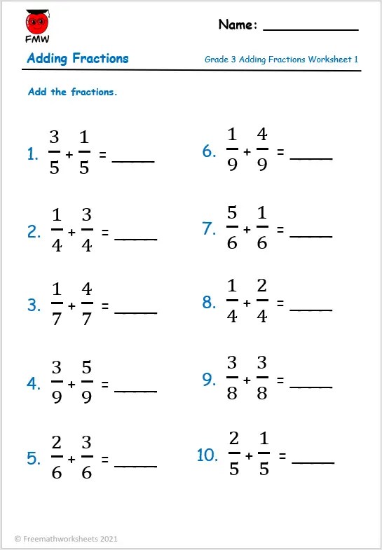 Adding Fractions with Same Denominator | Free Worksheets | Printables