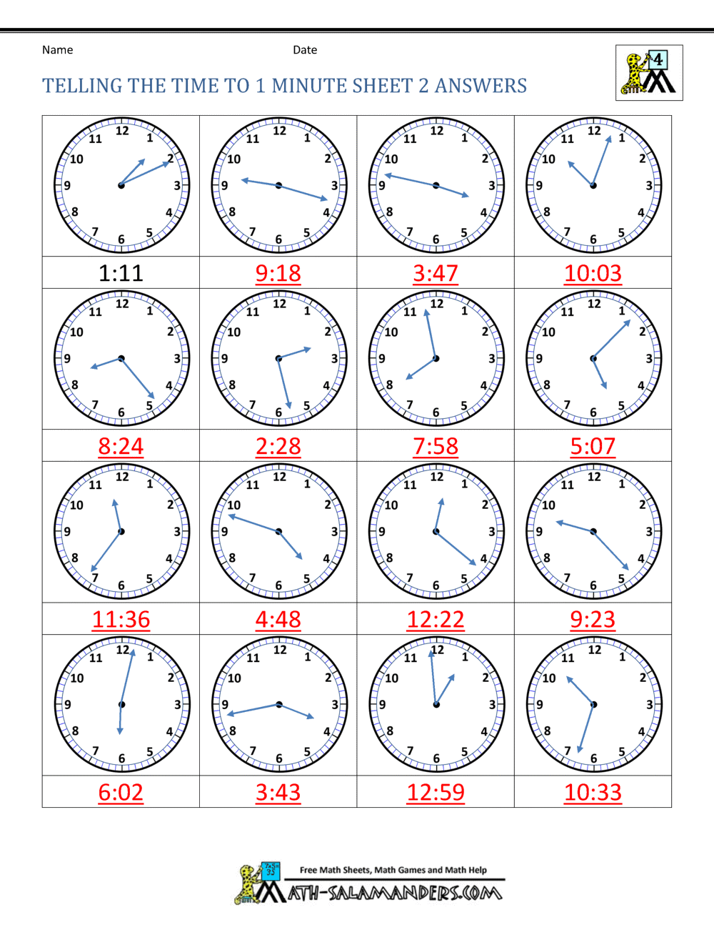 free worksheet for telling time
