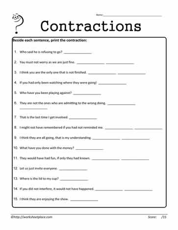 free worksheet on contractions