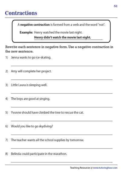 Negative Contractions Worksheets