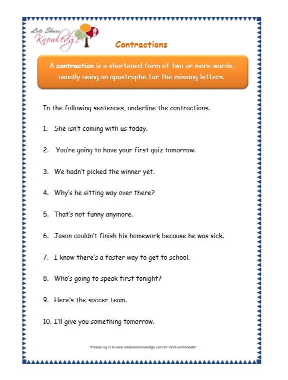 Grade 3 Grammar Topic 18: Contractions Worksheets - Lets Share ...