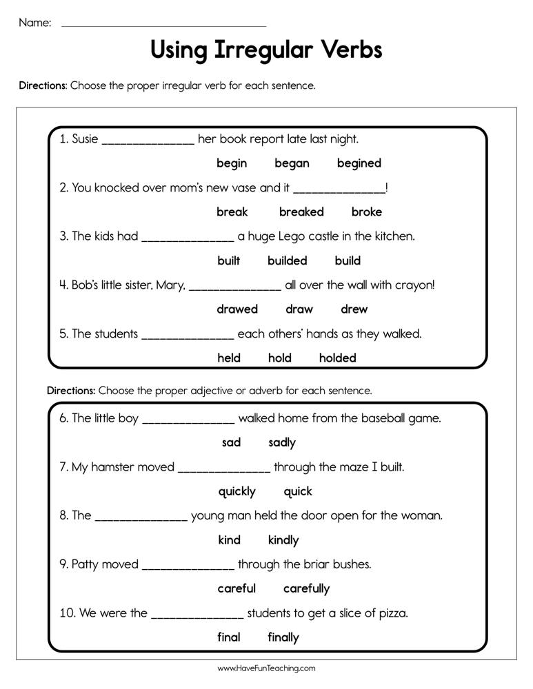 free worksheet on irregular verbs