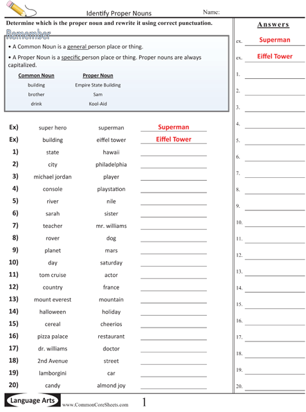 Identifying Proper Nouns Worksheet | Free - CommonCoreSheets